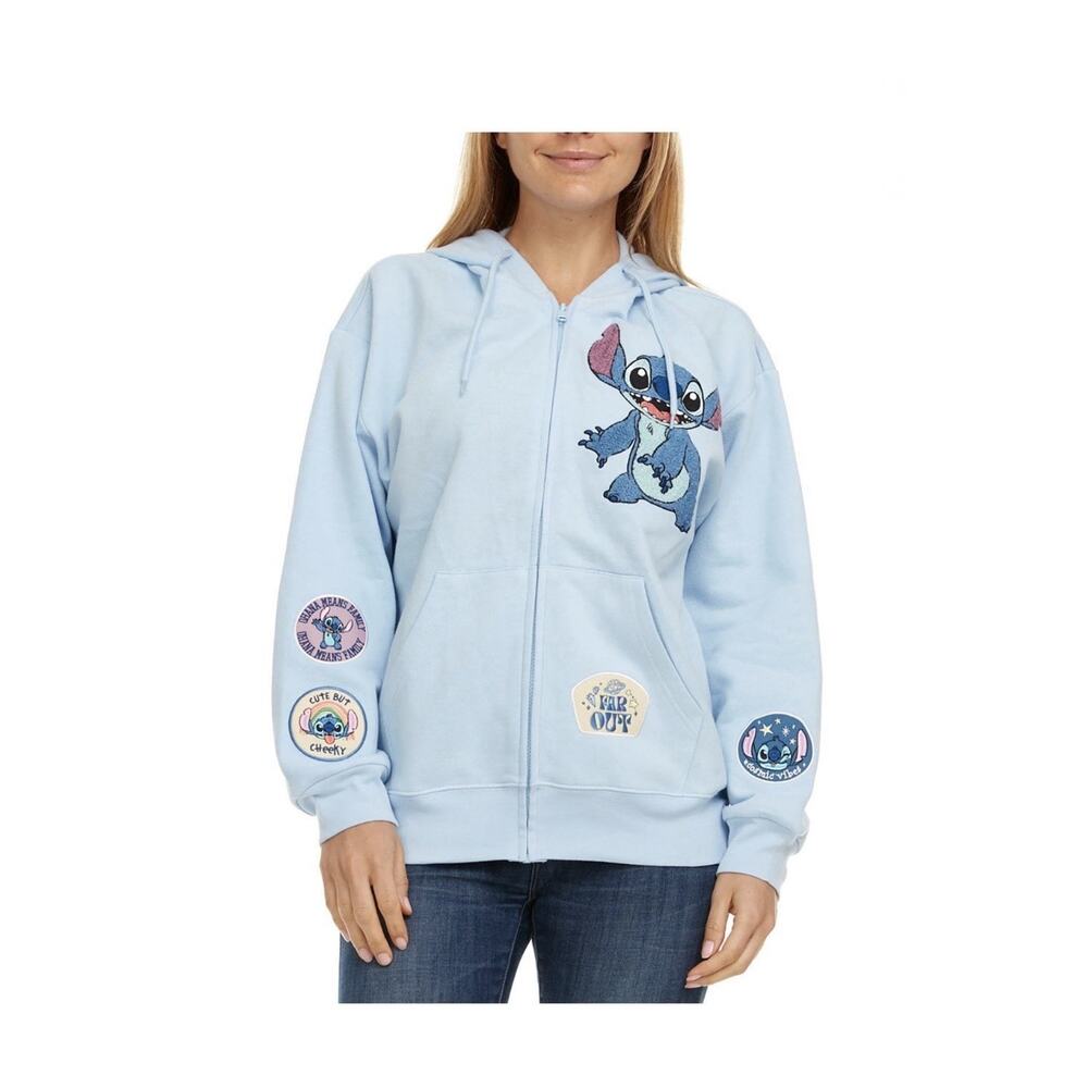 Disney Stitch Blue Embroidered Appliqué Patches Zip Up Hoodie Jacket Size XL